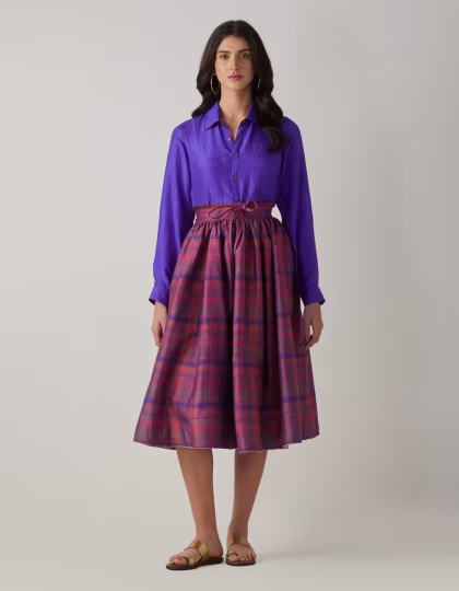 SD NARGIS SKIRT ROSE WOOD HANDWOVEN SILK DUPION CHECK