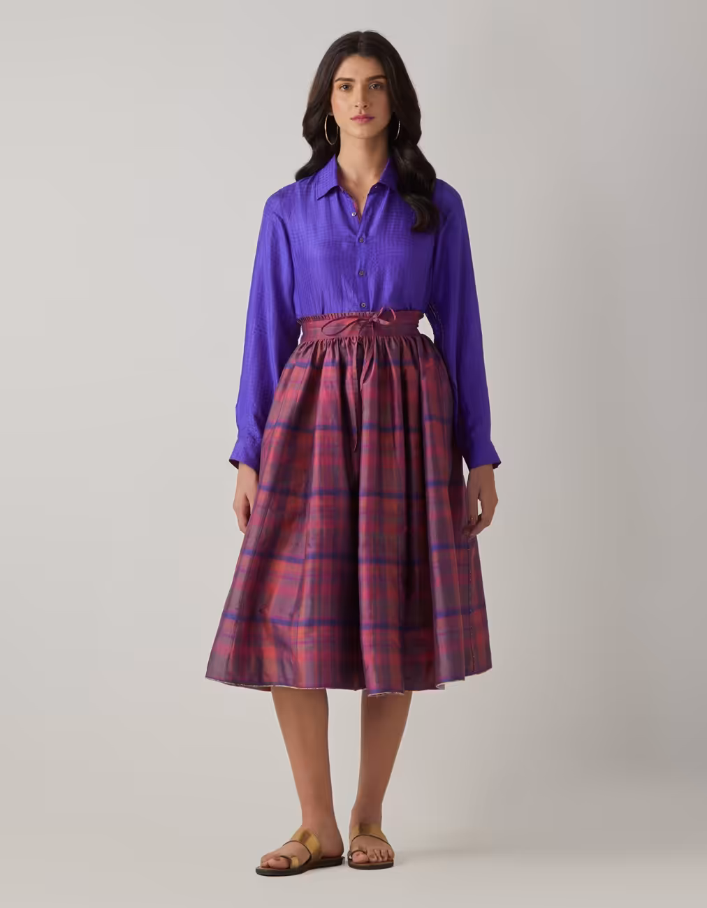 SD NARGIS SKIRT ROSE WOOD HANDWOVEN SILK DUPION CHECK