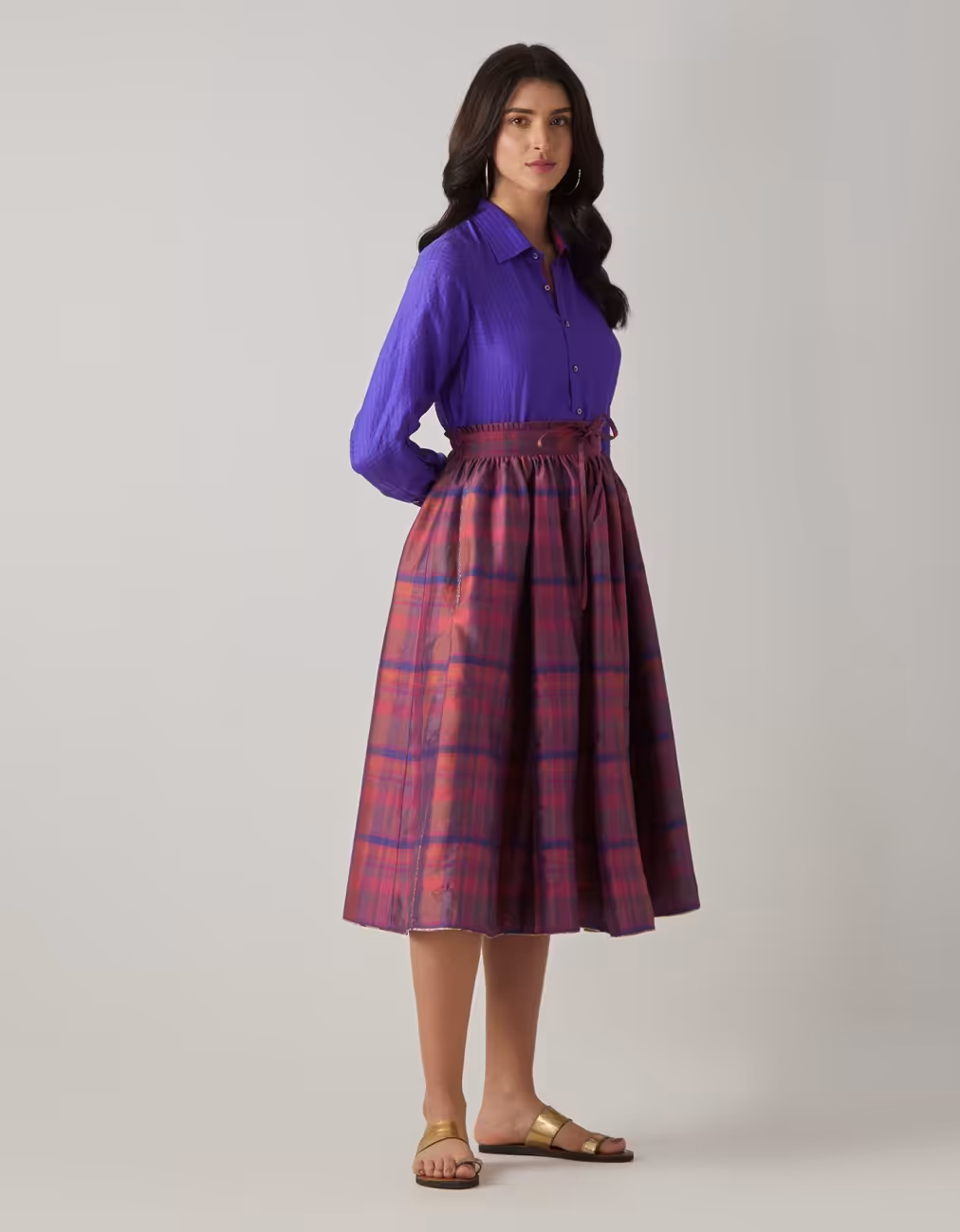 SD NARGIS SKIRT ROSE WOOD HANDWOVEN SILK DUPION CHECK - Image 2